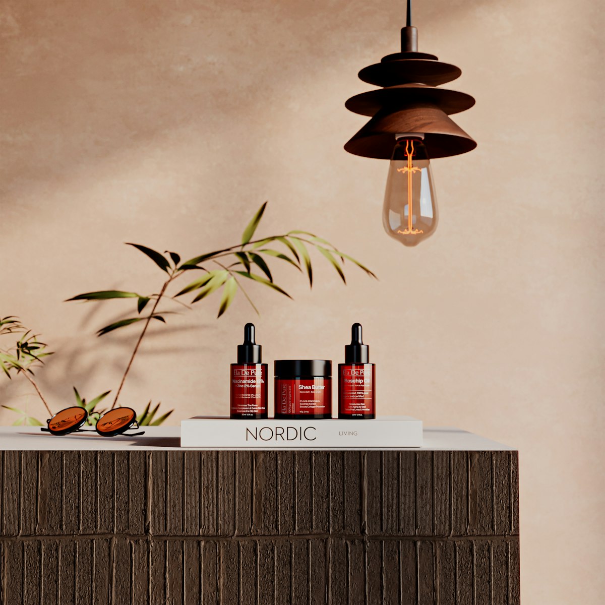 Skincare bottles and jar on a shelf with a plant