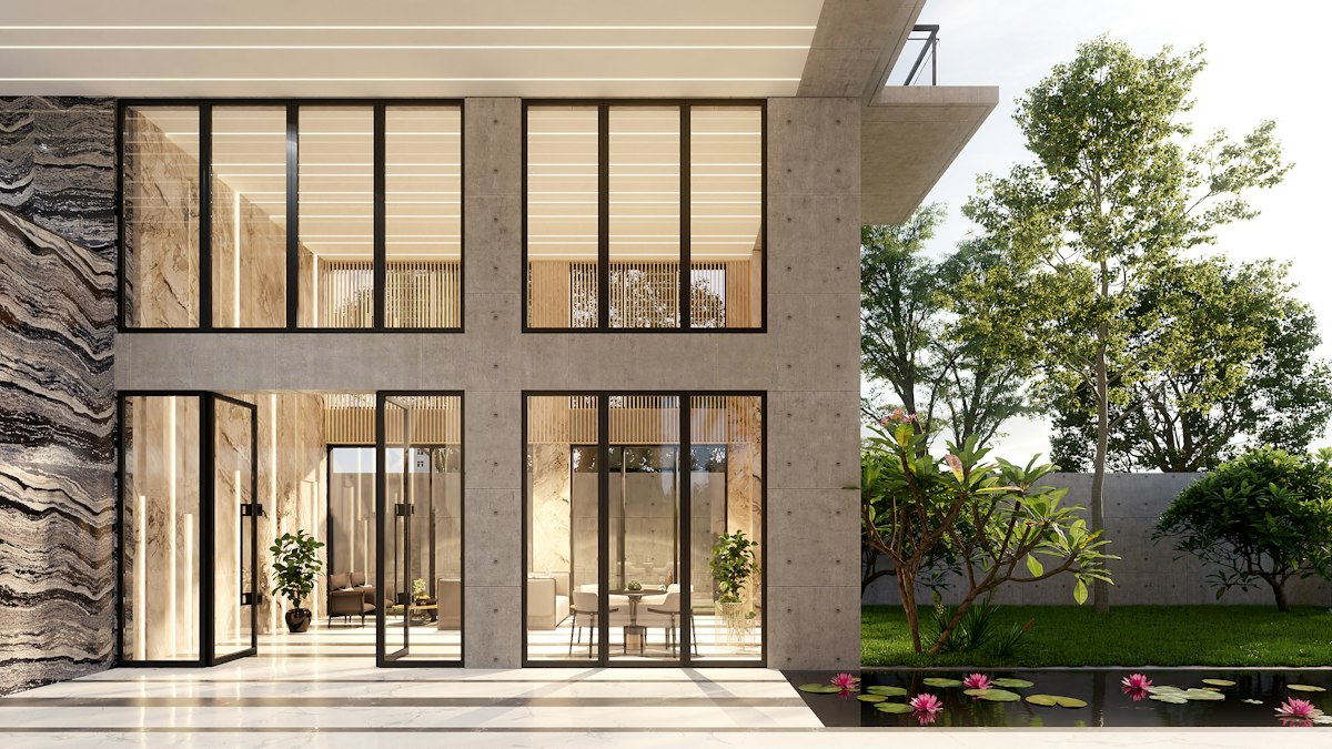 Modern house with large windows and garden