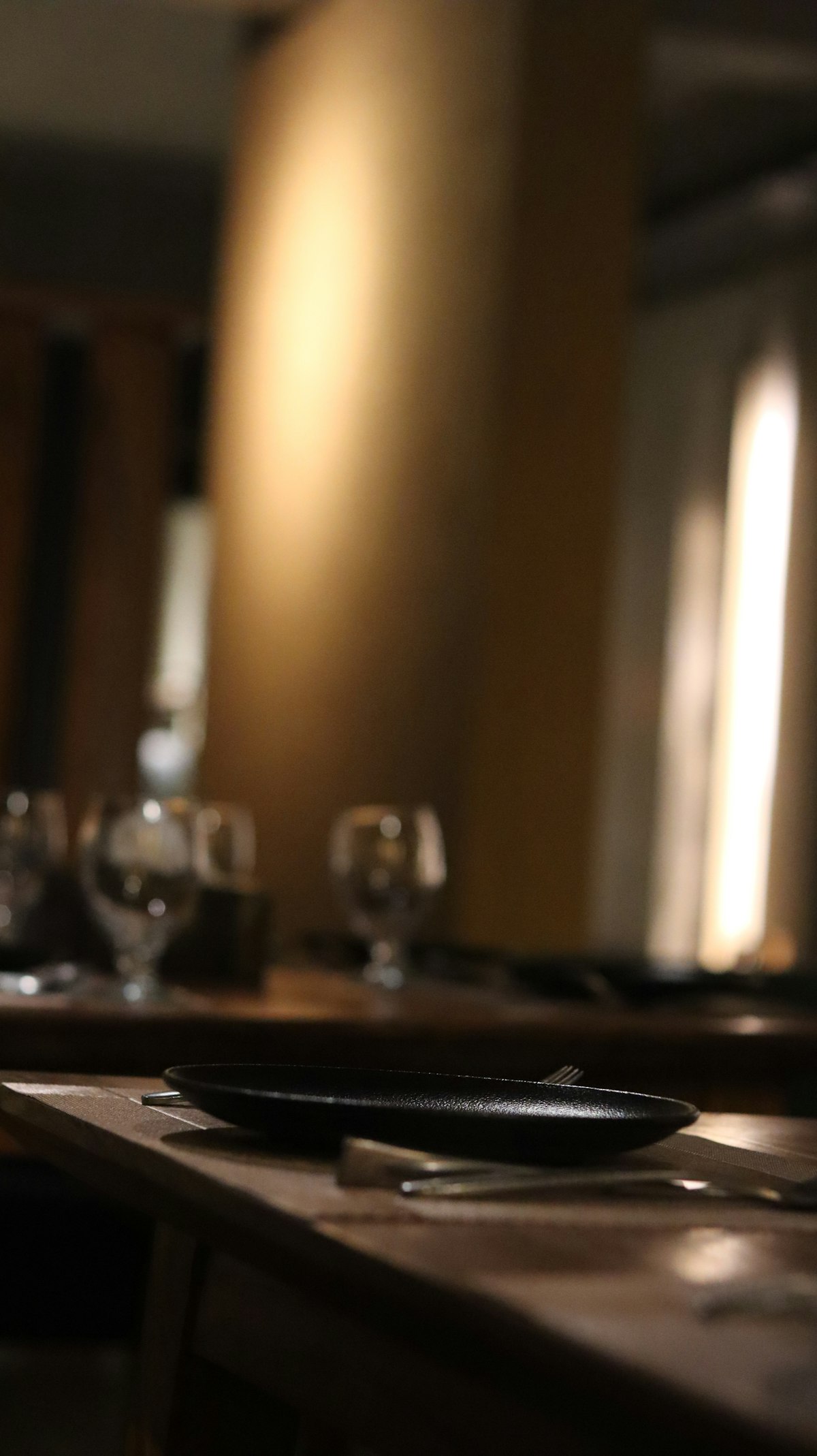 Restaurant dining table with glasses and plates